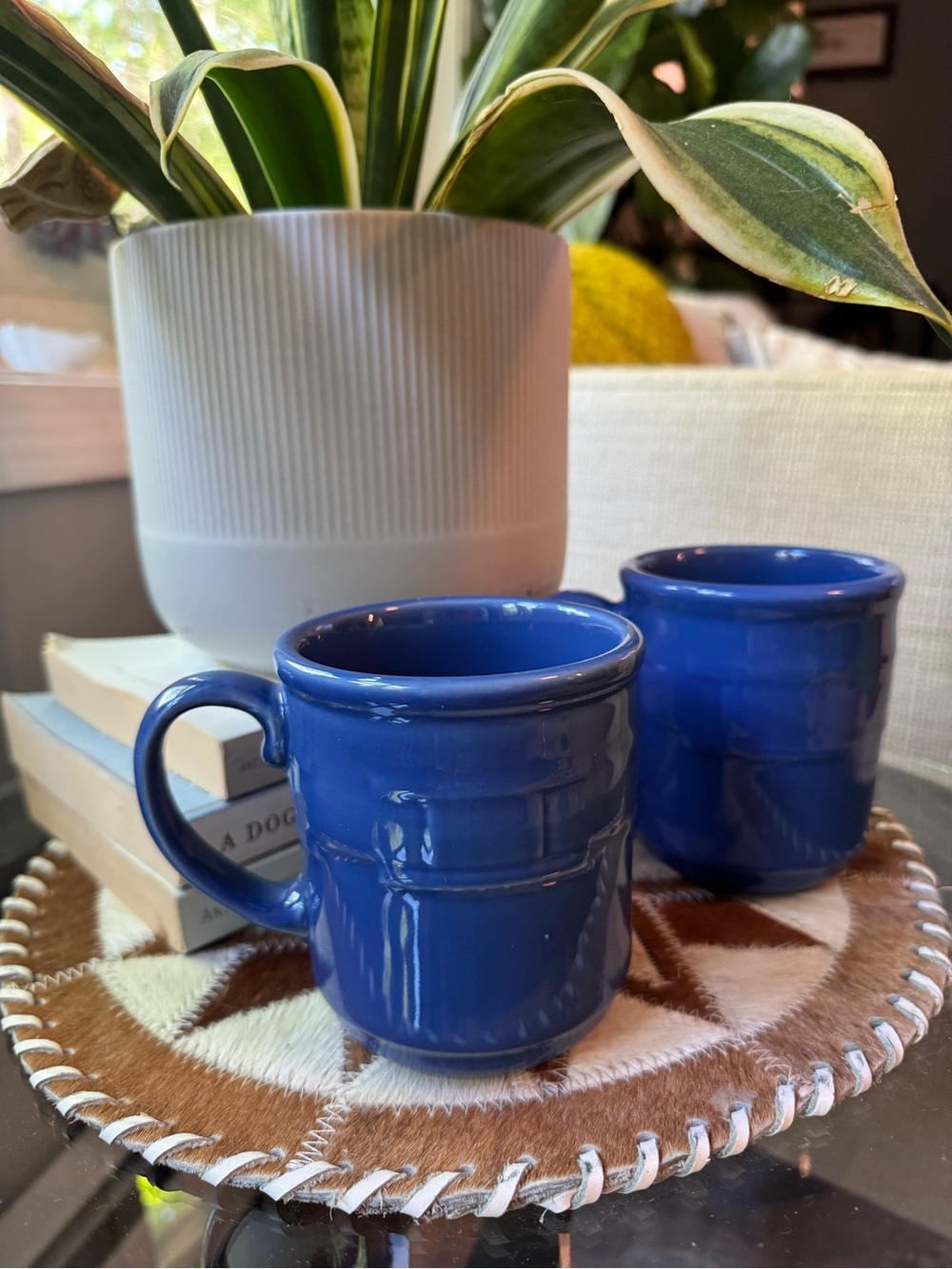 Longaberger Woven Blue Ceramic Mug Set of Two - Picture 2 of 4